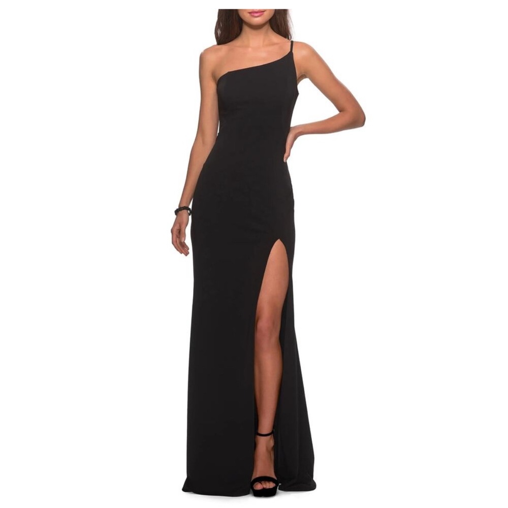 NWTS La Femme Size 0 Black One Shoulder Poly Jersey Gown W Thigh High Side Slit